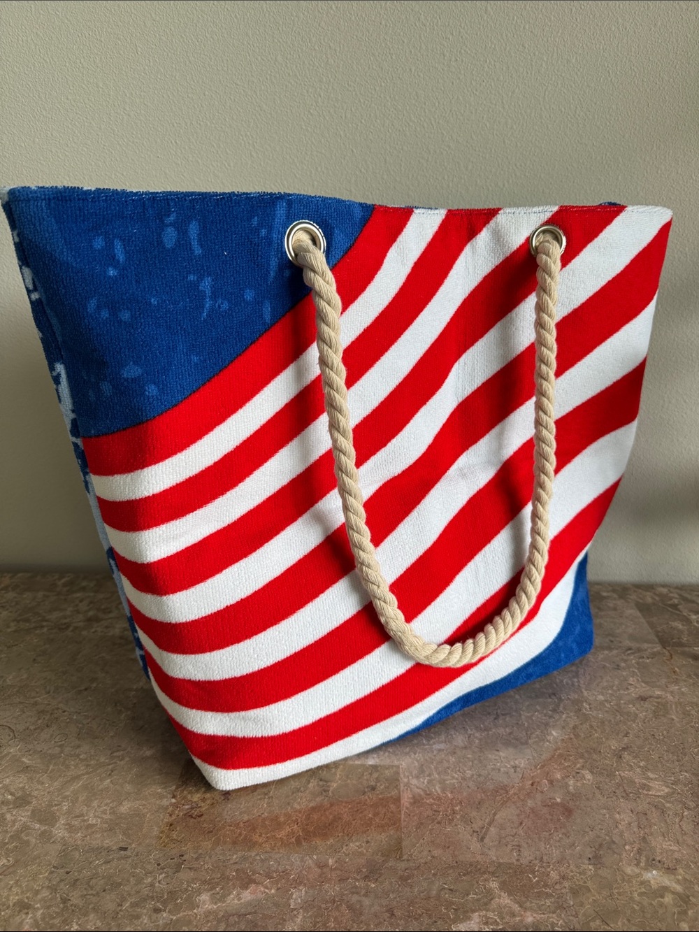 Large patriotic Tote Bag with rope handles with Red, White & Blue stripes stars